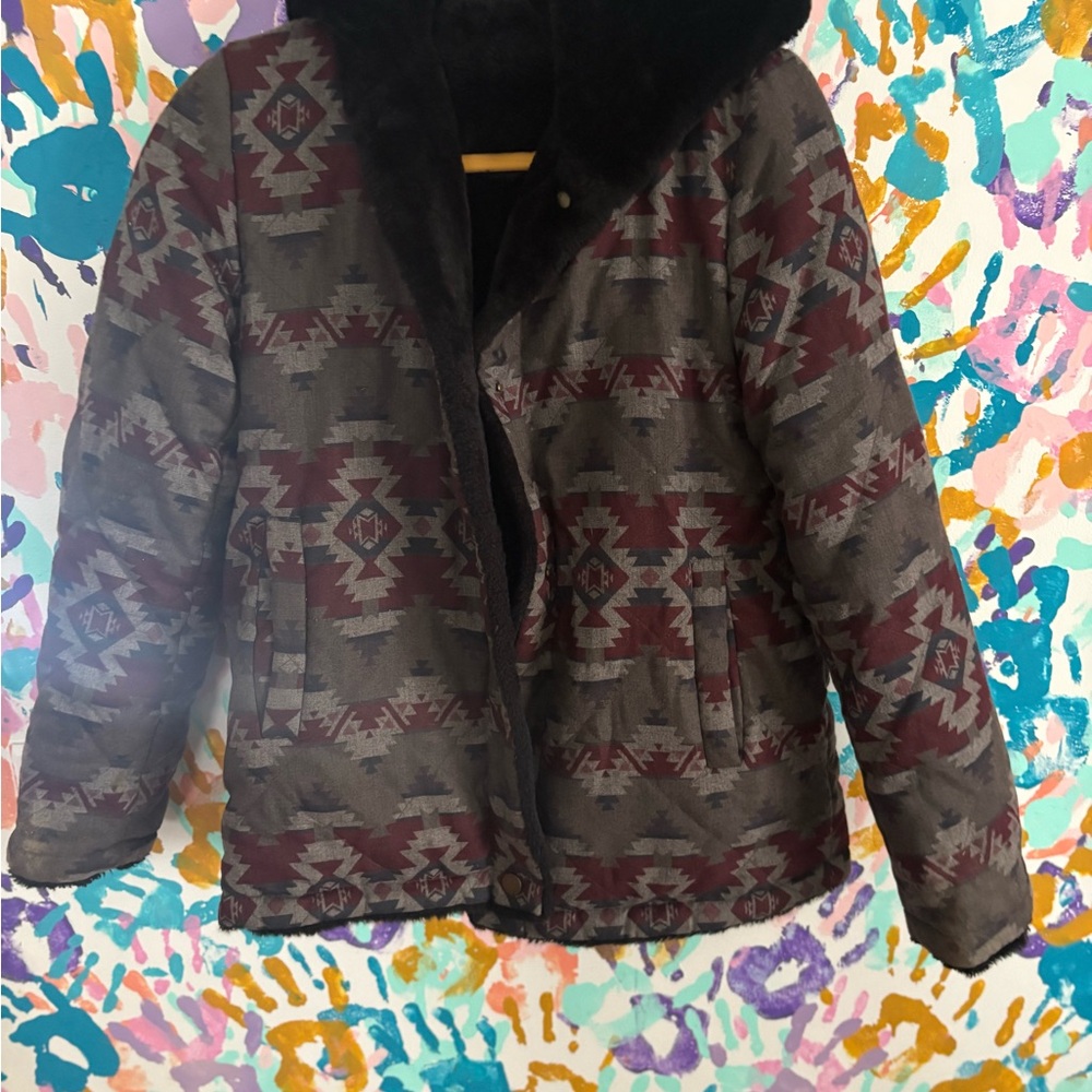 Pendleton Hooded Jacket with Maroon and Gray Pattern